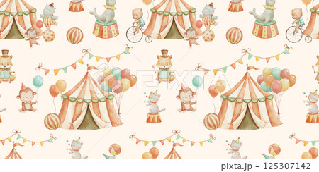 Seamless watercolor pattern with cute circus. Childish hand drawn background with funny animals and tent on beige. Seamless watercolor pattern with cute circus. Childish hand drawn background with funny animals and tent on beige. 125307142