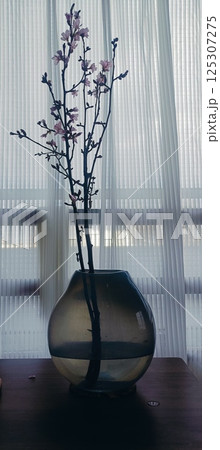 窓辺に置かれた花瓶と花 125307275