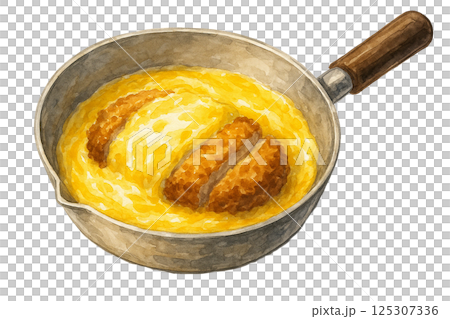 正在烹調（烹調）的帶雞蛋的豬排飯的水彩插圖 125307336