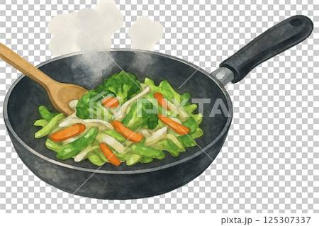 正在烹飪的炒菜的水彩插圖（烹飪） 125307337