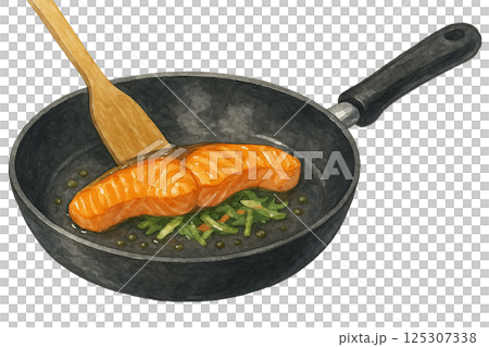 Watercolor illustration of salmon meuniere being cooked (cooking) 125307338