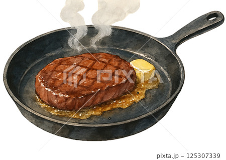 水彩で描いた鉄フライパンで焼くステーキのイラスト(料理) 水彩で描いた鉄フライパンで焼くステーキのイラスト(料理) 125307339
