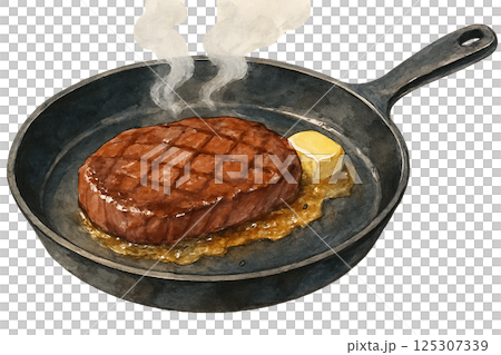 水彩で描いた鉄フライパンで焼くステーキのイラスト(料理) 水彩で描いた鉄フライパンで焼くステーキのイラスト(料理) 125307339
