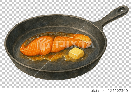 A watercolor illustration of cooking butter-fried salmon in an iron frying pan (cooking) 125307340