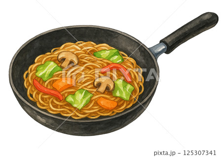 水彩で描いたフライパンで焼きそばを調理中のイラスト（料理） 125307341