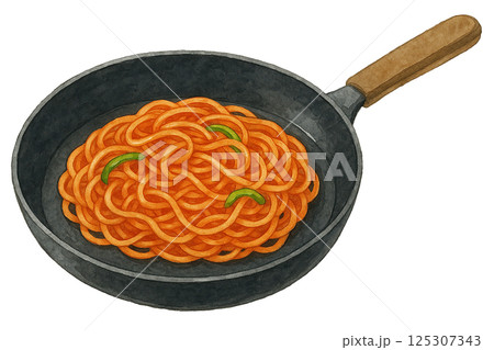 水彩で描いたフライパンで調理中のナポリタンのイラスト（料理） 125307343