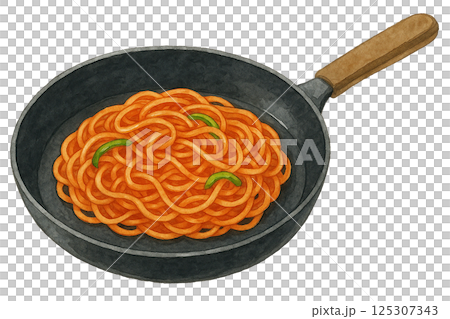 水彩で描いたフライパンで調理中のナポリタンのイラスト（料理） 125307343