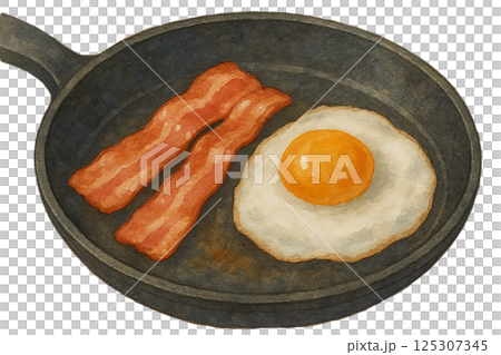 Illustration of bacon and fried eggs cooked in a frying pan painted with watercolors (cooking) 125307345