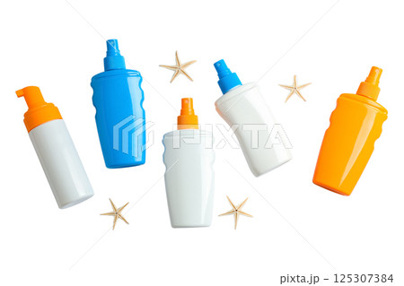 Sunscreen bottles show summer skin protection essentials, isolated on white 125307384
