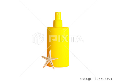 Bright yellow sunscreen and starfish, essential for summer vacations, isolated on white 125307394