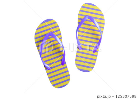 Brightly colored flip-flops ideal for beach outings and sunny days, isolated on white 125307399