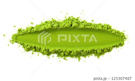 Green matcha tea powder isolated on white background with organic texture vibrant color perfect for web banner healthy food supplement concept Green matcha tea powder isolated on white background with organic texture vibrant color perfect for web banner healthy food supplement concept 125307487