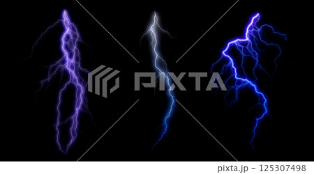 Set of three electric lightning effects with glowing highlights and purple blue white colors for storm weather design or fantasy energy visuals 125307498