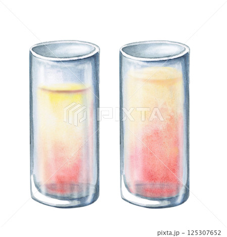 Set of two differently filled glasses with juice. Isolated watercolor illustration on the theme of a party for restaurant design, menu, printing on posters and fabrics. 125307652