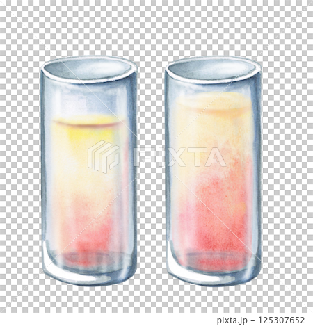 Set of two differently filled glasses with juice. Isolated watercolor illustration on the theme of a party for restaurant design, menu, printing on posters and fabrics. 125307652