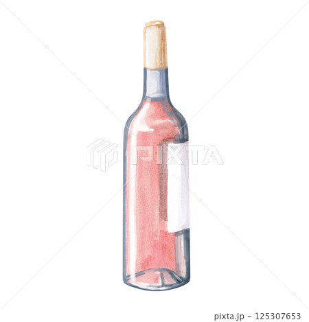 Sealed bottle of rose wine. Isolated watercolor illustration for restaurant design, menu, poster and fabric printing. Sealed bottle of rose wine. Isolated watercolor illustration for restaurant design, menu, poster and fabric printing. 125307653