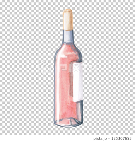 Sealed bottle of rose wine. Isolated watercolor illustration for restaurant design, menu, poster and fabric printing. Sealed bottle of rose wine. Isolated watercolor illustration for restaurant design, menu, poster and fabric printing. 125307653
