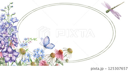 Rectangular frame with oval contours inside, with bouquets of flowers. Isolated watercolor illustration for postcards, printed products, calendars, cosmetics packaging. Rectangular frame with oval contours inside, with bouquets of flowers. Isolated watercolor illustration for postcards, printed products, calendars, cosmetics packaging. 125307657