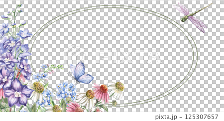 Rectangular frame with oval contours inside, with bouquets of flowers. Isolated watercolor illustration for postcards, printed products, calendars, cosmetics packaging. Rectangular frame with oval contours inside, with bouquets of flowers. Isolated watercolor illustration for postcards, printed products, calendars, cosmetics packaging. 125307657