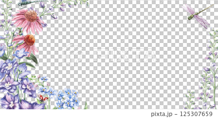 Rectangular frame with a bouquet of echinacea and delphinium flowers with dragonflies. Isolated watercolor illustration for postcards, printed products, calendars, cosmetics packaging. 125307659
