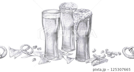 Seamless border with three glasses of beer and snack. Isolated pencil illustration for pub design, menu design, poster printing. Seamless border with three glasses of beer and snack. Isolated pencil illustration for pub design, menu design, poster printing. 125307665