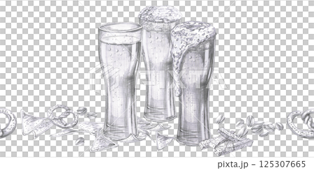 Seamless border with three glasses of beer and snack. Isolated pencil illustration for pub design, menu design, poster printing. Seamless border with three glasses of beer and snack. Isolated pencil illustration for pub design, menu design, poster printing. 125307665