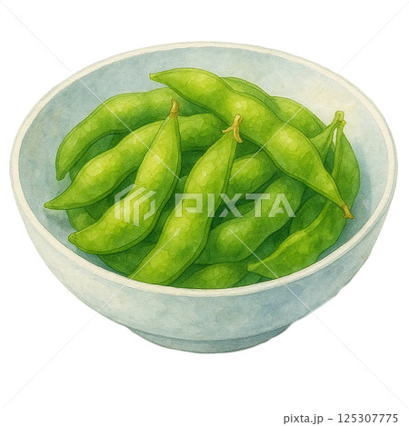 水彩で描いた器に盛られた枝豆のイラスト（食べ物） 125307775