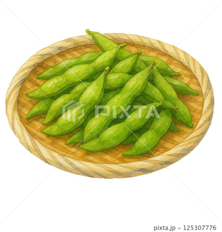 水彩で描いたざるに盛られた枝豆のイラスト（食べ物） 125307776