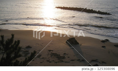 夕陽に照らされた海と砂浜と松 夕陽に照らされた海と砂浜と松 125308096