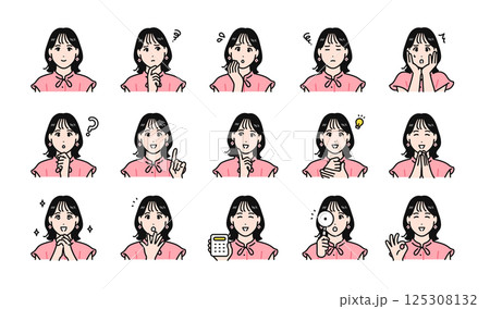 オシャレな若い女性の様々な表情バリエーションセット 125308132