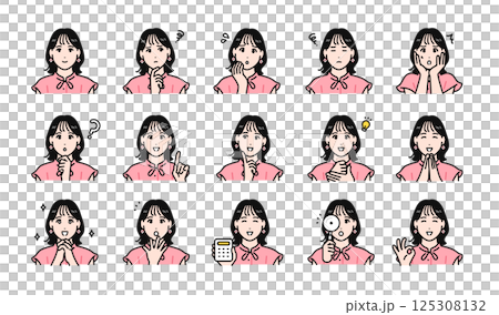 オシャレな若い女性の様々な表情バリエーションセット 125308132