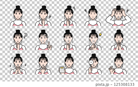 Various facial expression variation set of a young woman with her hair tied up 125308133