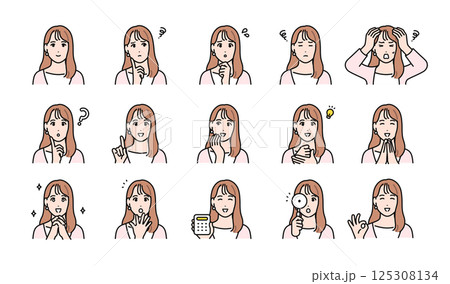 ロングヘアの若い女性の様々な表情バリエーションセット 125308134