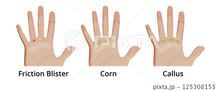 Friction blister, corn and callus forming on hand 125308153