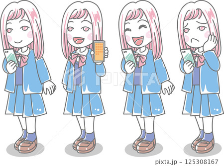 スマホを持った女性の喜怒哀楽2＜女子高生・女子中学生・高校生・笑う・挨拶・困る＞ 125308167