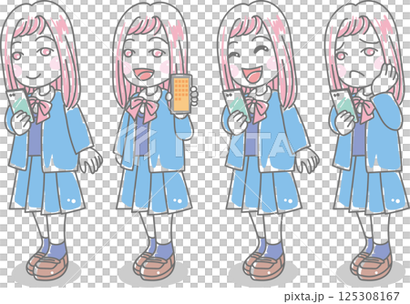 手持智慧型手機的女性的情緒2<高中女生，國中女生，高中女生，笑聲，問候，困擾> 125308167