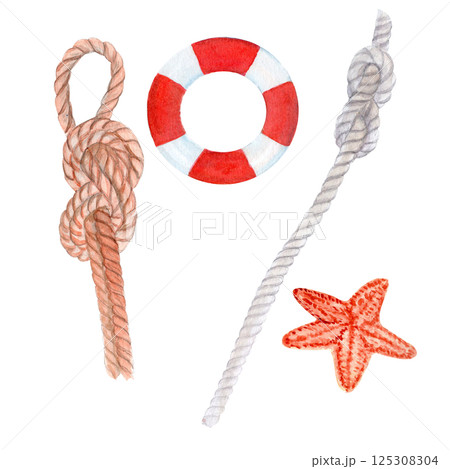 Lifebuoy, reef knot, sailor's rope, starfish watercolor set isolated on white. Hand painted clip art perfect for cards and posters, packaging travel, voyage design, advertisement, label and logo decor 125308304