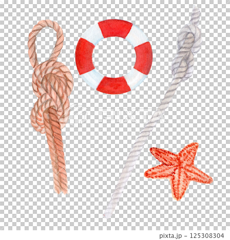 Lifebuoy, reef knot, sailor's rope, starfish watercolor set isolated on white. Hand painted clip art perfect for cards and posters, packaging travel, voyage design, advertisement, label and logo decor 125308304