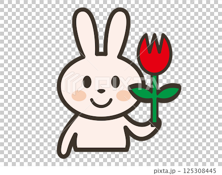 Illustration of a cute smiling rabbit holding a tulip 125308445