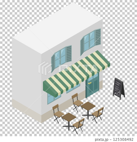 Isometric illustration: Cafe store with terrace seating Isometric illustration: Cafe store with terrace seating 125308492