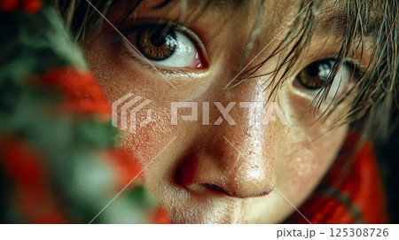 The face of an Asian child who hid in a corner and was scared 125308726