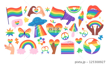 Set of rainbow LGBTQ elements. Pride month stickers. Hand drawn vector illustration. 125308927