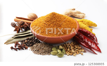 Whole & Powder Spices for curry masala. Whole & Powder Spices for curry masala. 125308935