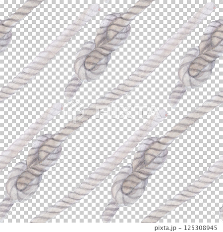 Sailor's rope, tied into a reef knot seamless watercolor pattern isolated on white. Grey monochrome. Hand painted clip art perfect for eco design, sailing, sea travel, wrapping paper, packages, scout Sailor's rope, tied into a reef knot seamless watercolor pattern isolated on white. Grey monochrome. Hand painted clip art perfect for eco design, sailing, sea travel, wrapping paper, packages, scout 125308945