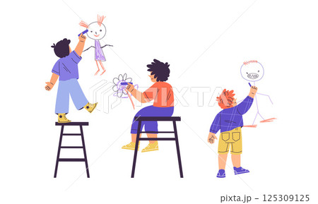 Children Drawing on Wall with Colorful Crayons Vector Illustration Children Drawing on Wall with Colorful Crayons Vector Illustration 125309125