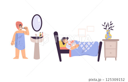 Morning Routine Illustration A focus on Hygiene, Relaxation, and Daily SelfCare Practices 125309152