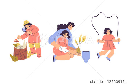 Illustration showcasing Family Gardening and Various Outdoor Activities for enjoyment and bonding Illustration showcasing Family Gardening and Various Outdoor Activities for enjoyment and bonding 125309154