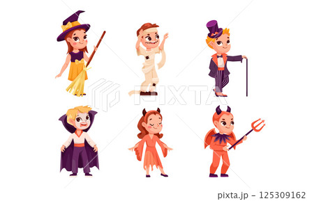 Adorable and Playful Halloween Costume Characters Illustrated in Fun Pixel Art Style 125309162