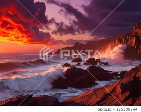 沈む夕日と海岸 125309244