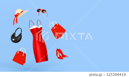 Women clothes and accessories on blue 3d background. Fashion shop sale render banner with flying shopping bag, red dress, high heel shoes, handbag, summer hat and sunglasses, ad promo. 3D illustration Women clothes and accessories on blue 3d background. Fashion shop sale render banner with flying shopping bag, red dress, high heel shoes, handbag, summer hat and sunglasses, ad promo. 3D illustration 125309419